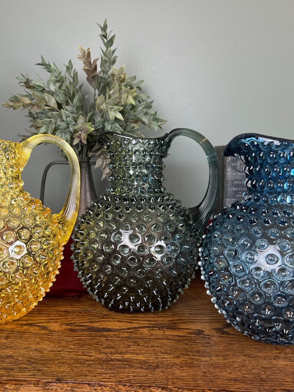 Blue Hobnail Glass Pitcher Czech Bohemian Moonstone Style NWT